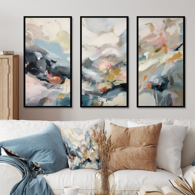 Gris et bleu, vagues vives fluides I - art mural abstrait, Cadre flottant noir, H 28 po x l 36 po x P 1 po