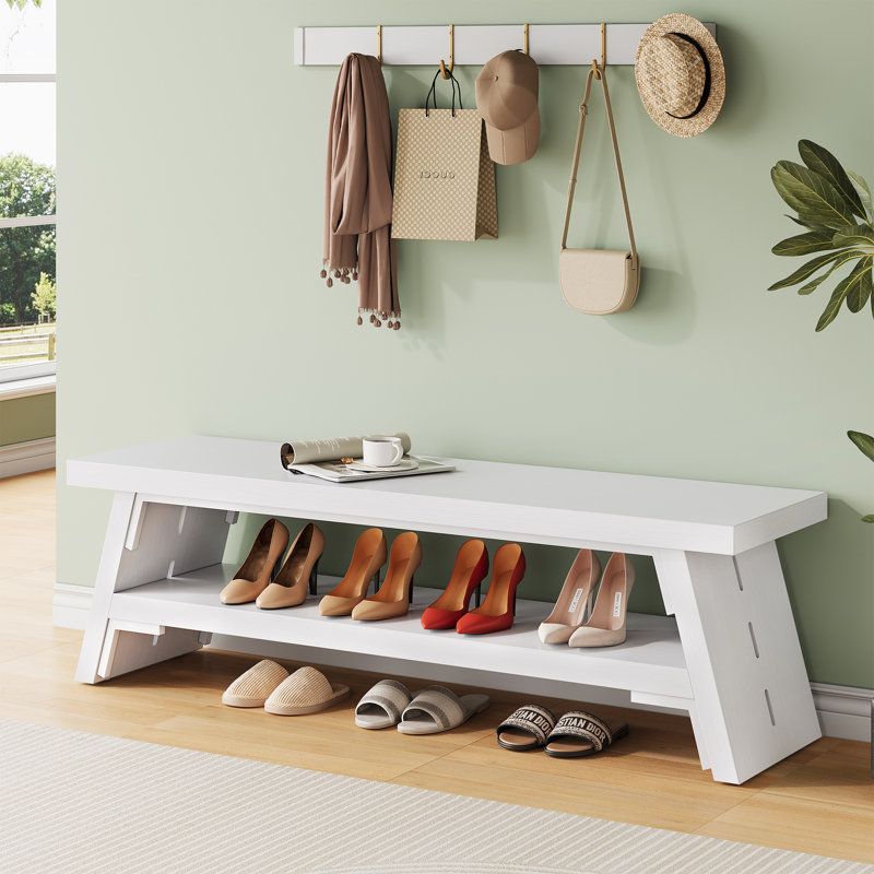  Banc d'entrée 47 po, banc de rangement pour chaussures 4 paires avec tablette inférieure 47 po, Blanc