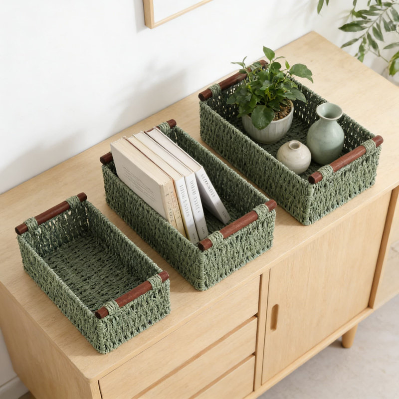 Handmade Woven Paper Rope Storage Baskets Set Of 3, Decorative Wicker Organizer With Wooden Handles For Bathroom, Living Room, And Bedroom