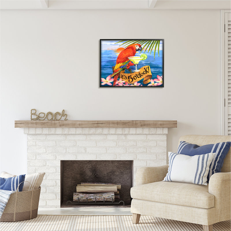 Impression de perroquet tropical avec cocktail encadré sur bois par David Sands, H 24 po x l 30 po x P 1,5 po