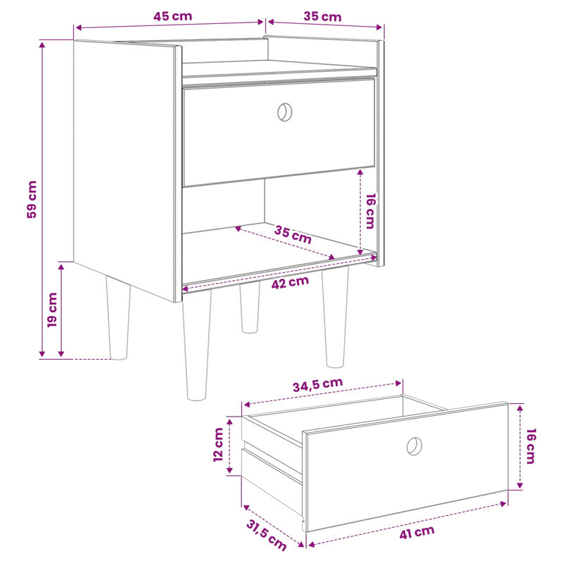 45 cm W Solid Wood Bedside Table