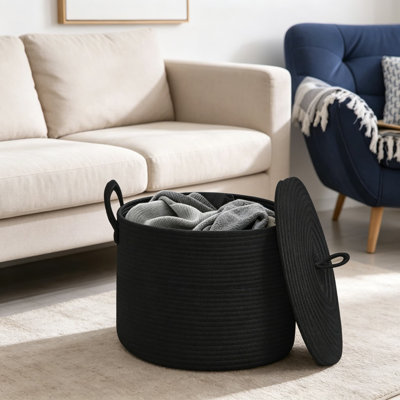 Large Cotton Rope Storage Basket with Lid, Woven Bin for Blankets, Toys, Towels, Pillows, Living Room, Bedroom Organizer, Wicker Basket with Cover