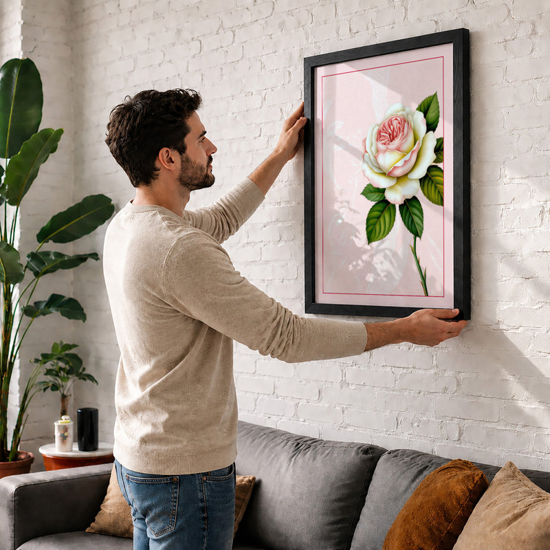 Delicate Rose Study Botanical - Framed Print, A4 - 29.7 x 21.0 cm, White