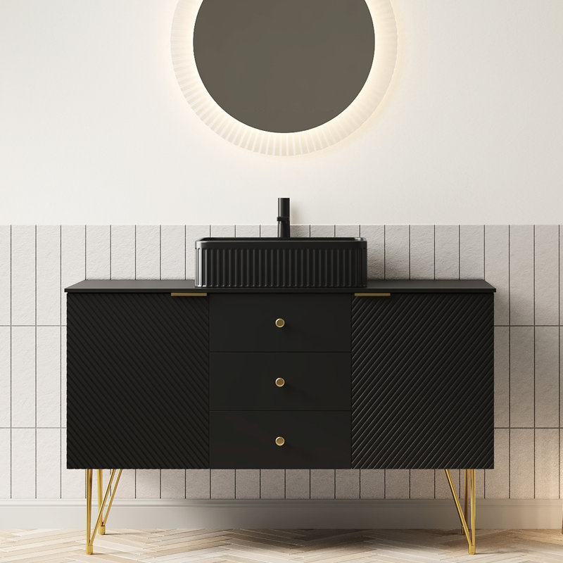 Meuble-lavabo de salle de bain 48 po avec comptoir en pierre frittée noire, lavabo en céramique, 3 tiroirs, 2 portes, 4 pieds dorés, armoire autoportante en contreplaqué, pré-assemblé