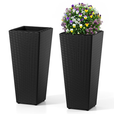 Set Of 2 Tall Rattan Planters With Detachable Plastic Liners, Black