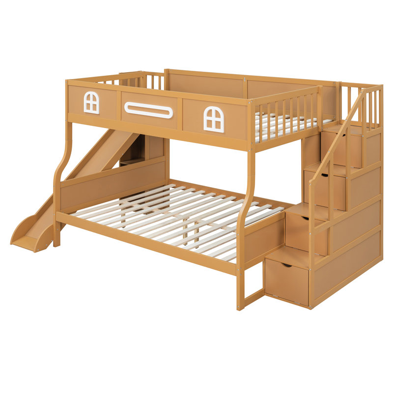 Lit superposé double au-dessus de grand lit PlayNest avec glissière et escalier de rangement pour enfants, Natural