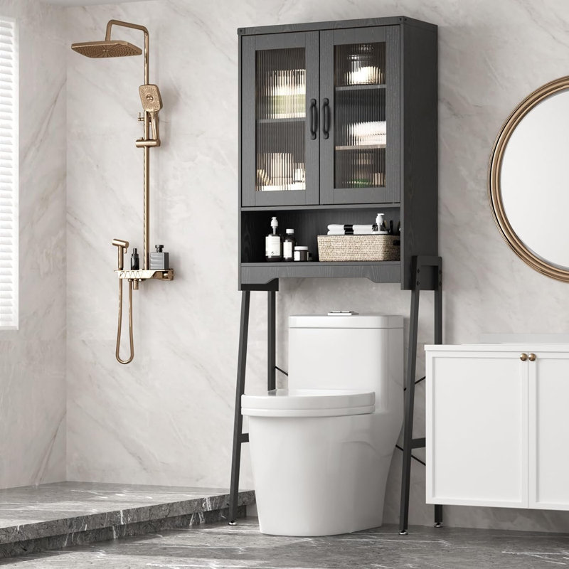 Armoire de rangement au-dessus de la toilette avec portes en verre trempé et support en métal, Noir