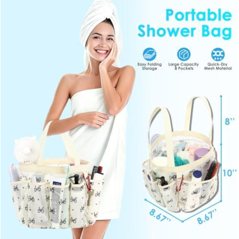 Serviteur de douche en filet pour articles essentiels de chambre de dortoir, sac fourre-tout de douche en polyester inodore avec deux poignées, organisateur de toilette à séchage rapide à 8 poches pour le voyage, la plage, le camping et la salle de sport