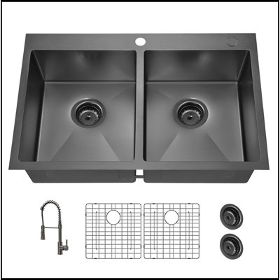 Double Bowl Topmount Gunmetal Black Kitchen Sink 18Gauge Stainless Steel  With Black Spring Neck Faucet