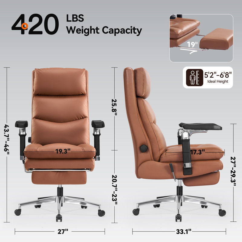 Fauteuil de direction ergonomique, chaise de bureau à haut dossier avec accoudoirs réglables 6D et soutien lombaire, Brown