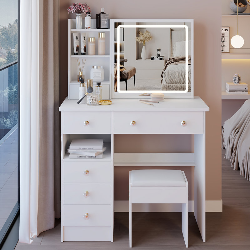 37" Middle Size Left Drawer Desktop Vanity Table + Cushioned Stool, Large Sliding, Touch Control, Tri-Color Switching, Brightness Adjust LED Mirror, High Capacity Storage, Suitable For Large Space