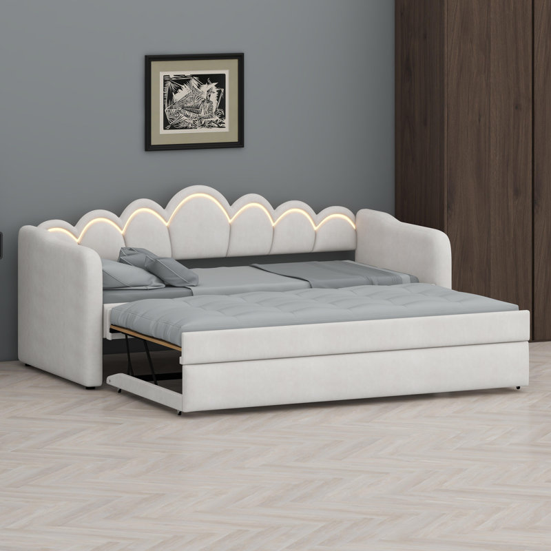 Modern Upholstered Daybed with Integrated LED Lighting and Convertible Trundle, White