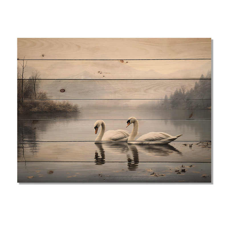 The Swans Odyssey - Swans Wood Art On Natural Pine Wood, 24" H x 32" W