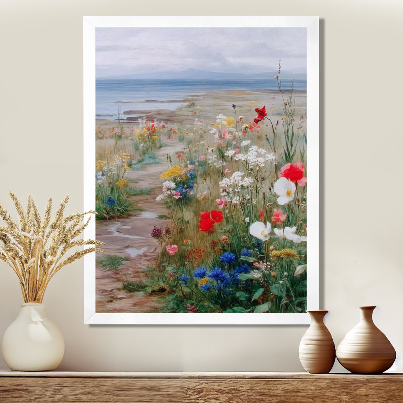«Red Blue English Countryside Bloom of Wildflowers», reproduction d'art sur toile florale rouge, H 40 po x l 30 po, Blanc