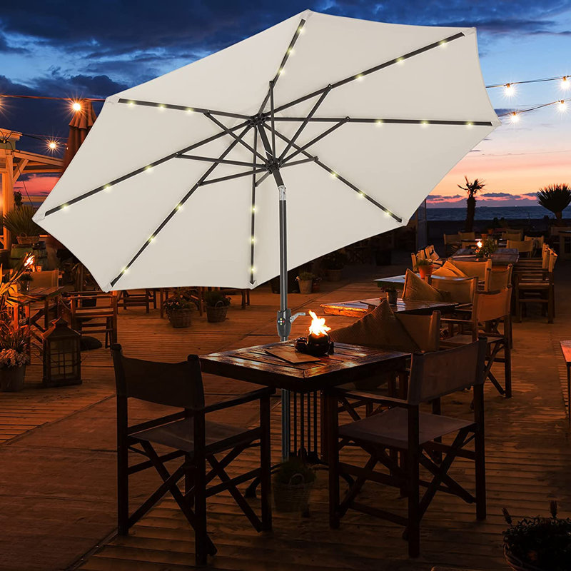 Outsunny Garden Parasol Outdoor Tilt Sun Umbrella LED Light Hand Crank, Crank Lift, White