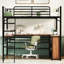 Lit mezzanine double en métal avec bureau en L et tablettes à 3 couches, noir. Pièce moderne de chambre à coucher essentielle. Solide. Facile à assembler. Maximise l'efficacité des tablettes noires. Solution spatiale. Construire.