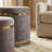 Gugna Nesting Ottomans – Set of 2 Round Gray Fabric Footstools with Gold Bands, 18" and 15"