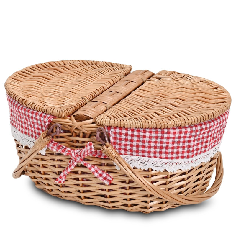 Panier de pique-nique en osier avec doublure amovible Paniers de pique-nique vides avec couvercle pour 2, panier à pique-nique avec poignées pliables pour pique-nique 2, damier