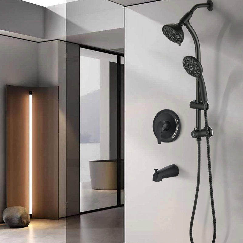 Douche noire matte avec barre coulissante en acier inoxydable de 26 po, deux têtes, débit de 1,8 gallon par minute, jet de massage pulsé noir, pluie / brouillard