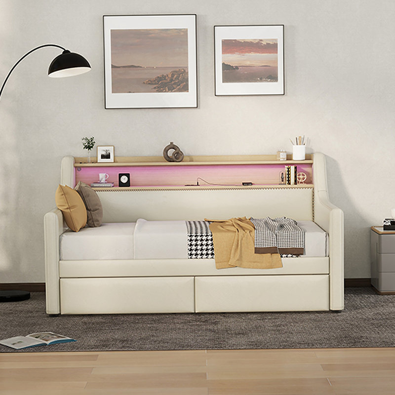 Lit de jour simple avec tiroirs de rangement, lit de jour rembourré avec station de charge et lumières DEL, Beige