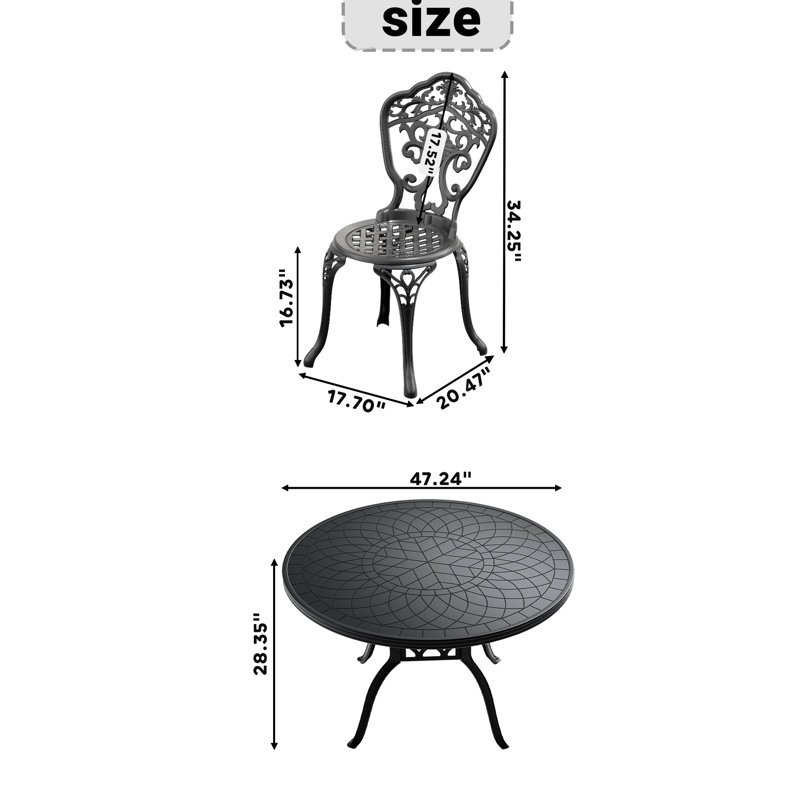 Table de jardin 7 places en aluminium moulé, structure noire, design créatif, résistante aux intempéries, assise confortable et ergonomique, montage facile (manuel inclus).