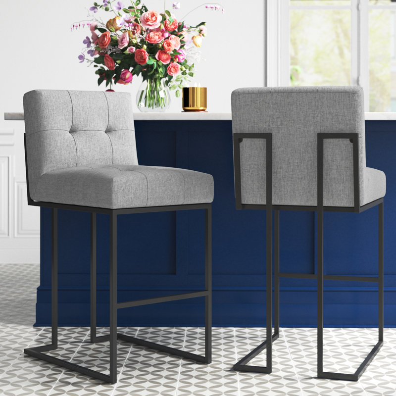 Privy Black Stainless Steel Upholstered Counter Stool, Bar Stool (27.5" Seat Height), Light Grey Velvet