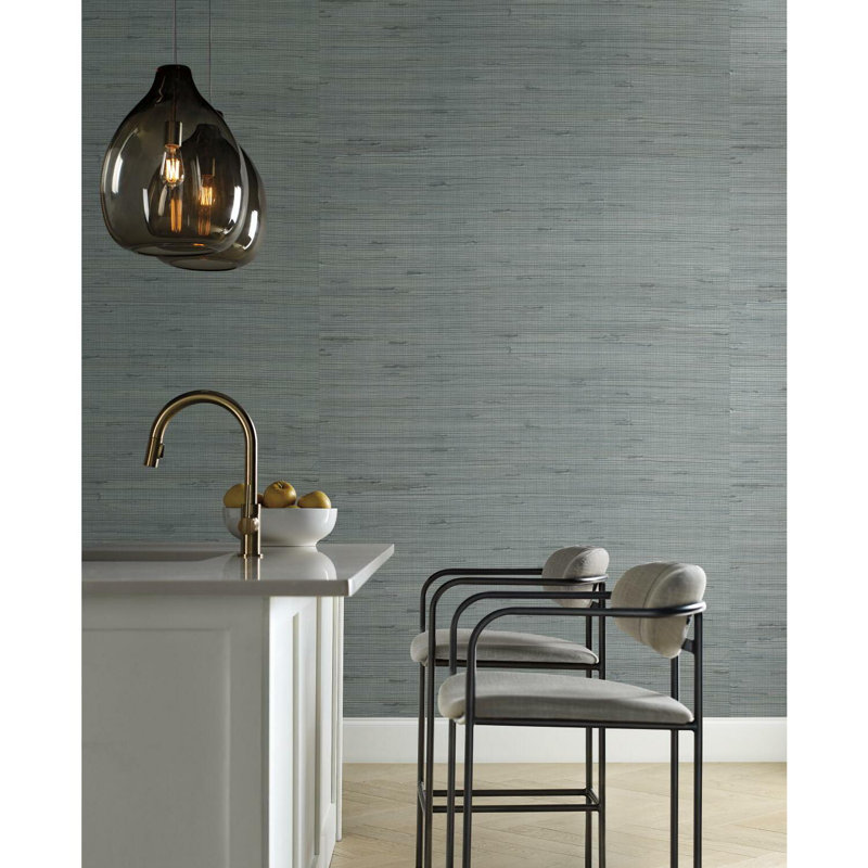 Grass Cloth Metallic Wallpaper Roll, Silver/Aqua