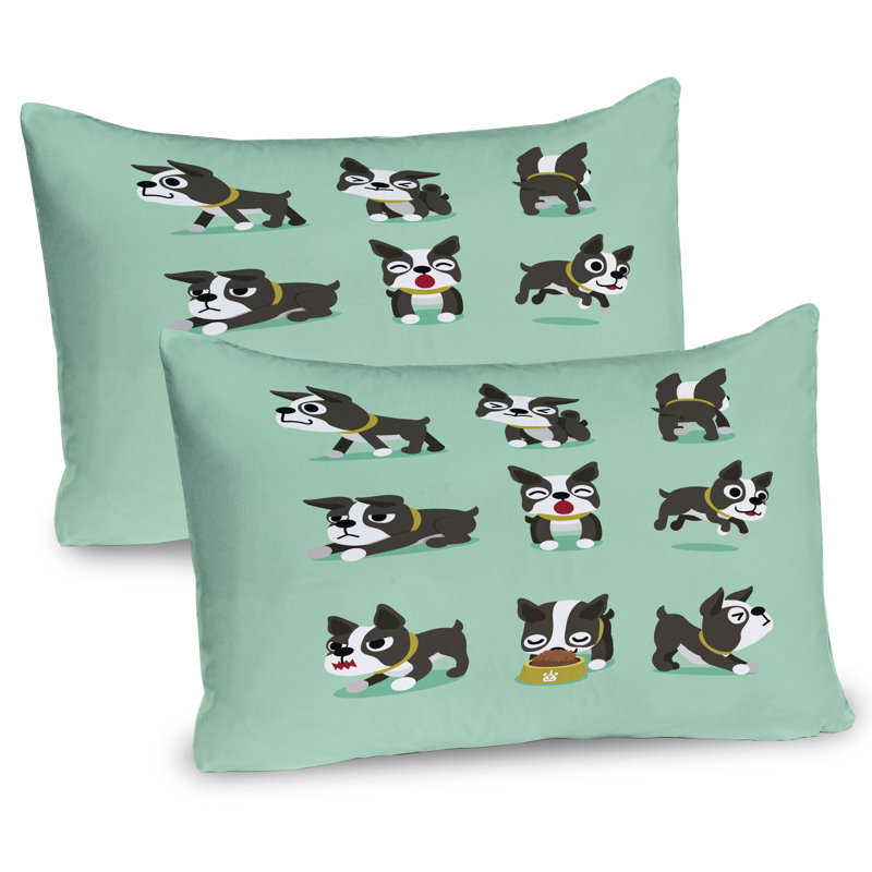 Ambesonne Boston Terrier Pillow Sham 2 Pack Playful Cartoon Dog Charcoal Grey Mint Green, 20'' H x 26'' W
