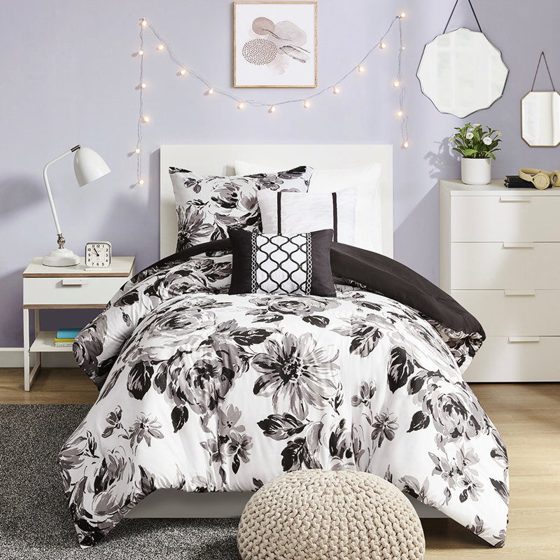 Édredon simple TG - noir et blanc à motif floral, literie facile d'entretien avec motif floral doux et propre