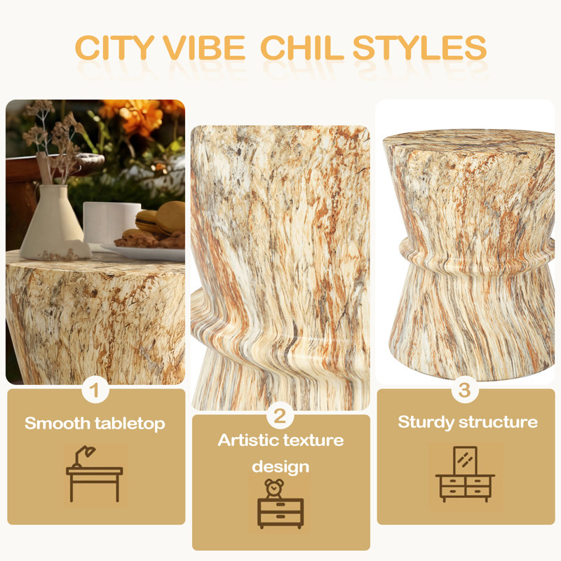 Hourglass Shape Outdoor Side Table, Concrete Contemporary Lightweight Accent Table With Simulated Stone Texture, Amber