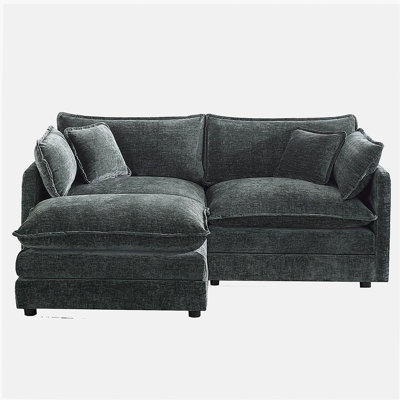 Canapé en chenille deux places avec repose-pieds, canapé modulaire en L avec repose-pieds 2 places, causeuse avec repose-pieds pour petit espace de vie, chenille grise