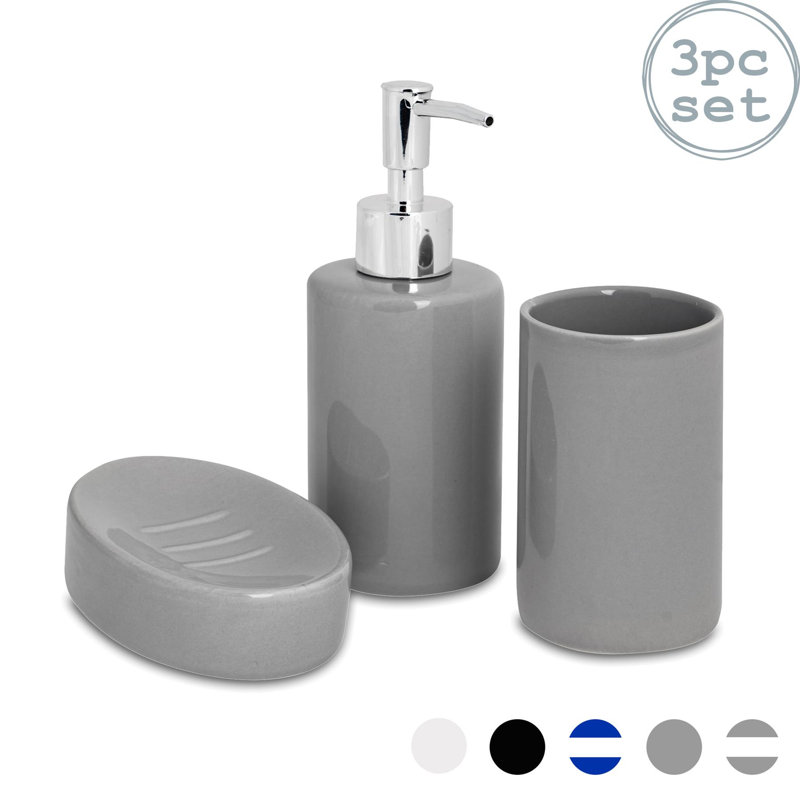 Harbour Housewares - Ceramic Bathroom Accessories Set - 3 Pieces, Grey