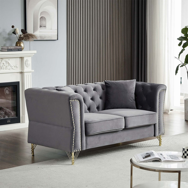 Canapé en velours capitonné, Gris, H 29,5 po x l 60,2 po x P 31,8 po
