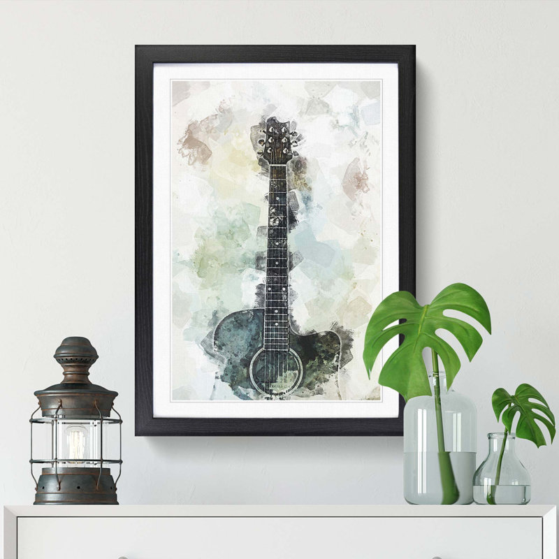 Acoustic Guitar in Abstract - Picture Frame Painting Print, 87cm H x 62cm W x 2cm D, Black Framed