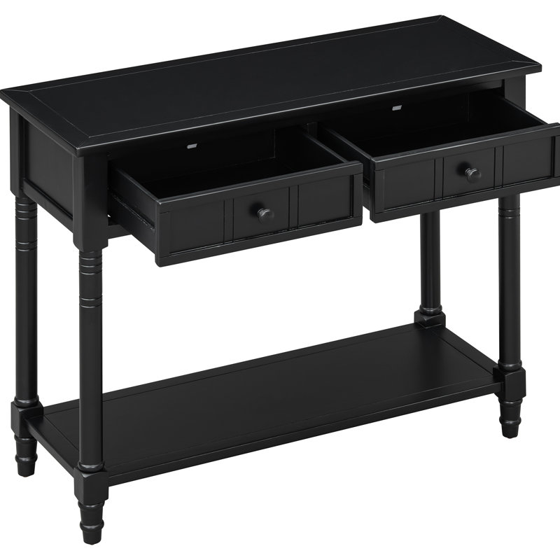 Table console de la série Série, noire, style traditionnel, deux tiroirs de rangement, tablette inférieure, bois de pin massif, idéale pour habiller les espaces vides
