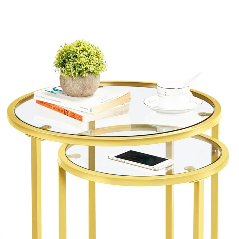 Round Metal Nesting End Table Set of 2 with Glass Top, Gold