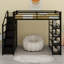 Lit mezzanine en métal avec tablettes de rangement, armoires et garde-robe