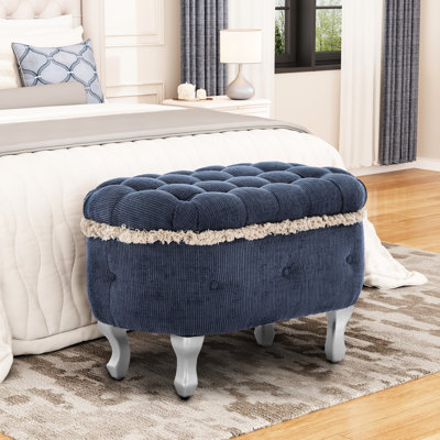 29,5 po de tissu bleu rembourré avec boutons, rangement, frange à pampilles, mousse haute densité, idéal pour banc d'entrée, revêtement, rangement spacieux, convenant à une chambre à coucher