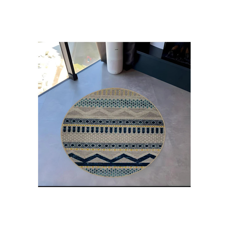 Woven Base Decorative Carpet With Shapes In Grey And Navy Blue Tones, Round 2'8"