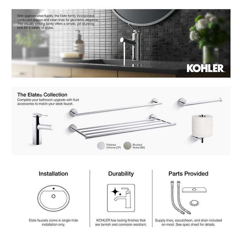 Kohler Elate Single-Handle Bathroom Faucet, One Hole Bathroom Sink Faucet, 0.5 gpm, Matte Black Bathroom Faucets