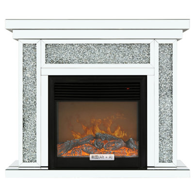 Foyer électrique argenté, 47 po de longueur x 12 po de largeur, 40 po de hauteur, avec incrustations en résine de diamant, flamme à très haute intensité, chauffage réglable 750 W / 1 500 W, coffre-fort argent 750 W / 1 500 W, incrustations et DEL