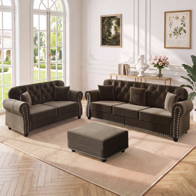3-Piece Mid-Century Modern Velvet Chesterfield Living Room Set