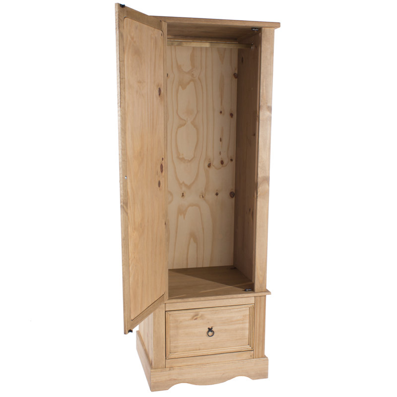 Apache 1 Mirrored Door, 1 Drawer, Compact Wardrobe, Pine, Waxed Finish, Corona Design, Natural