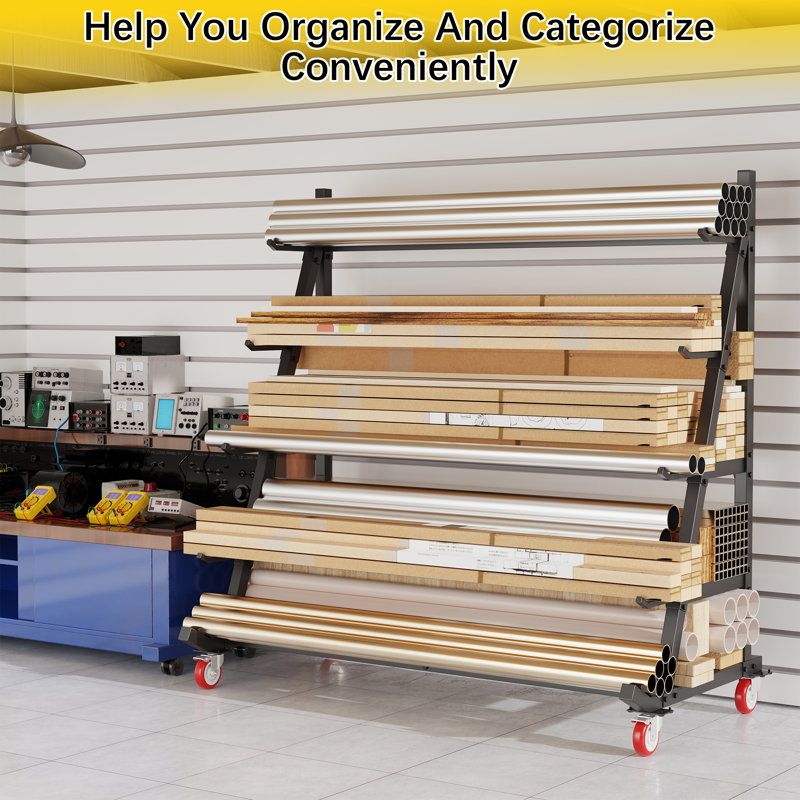 Support de rangement robuste en bois d'œuvre, tuyau en acier allié horizontal et support en bois avec roues - organisateur d'atelier de garage mobile à 5 niveaux (l 50 po x P 25,6 po x H 63 po)