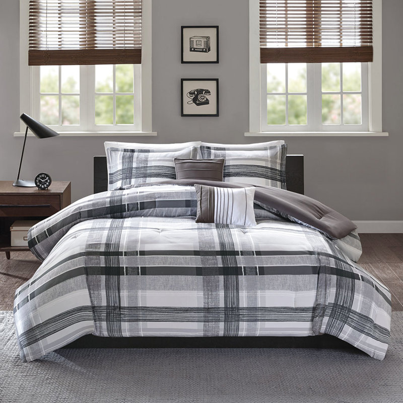 Édredon double / grand écossais - Literie moderne en édredon noir et gris foncé, taies décoratives, 2 coussins avec lit décoratif