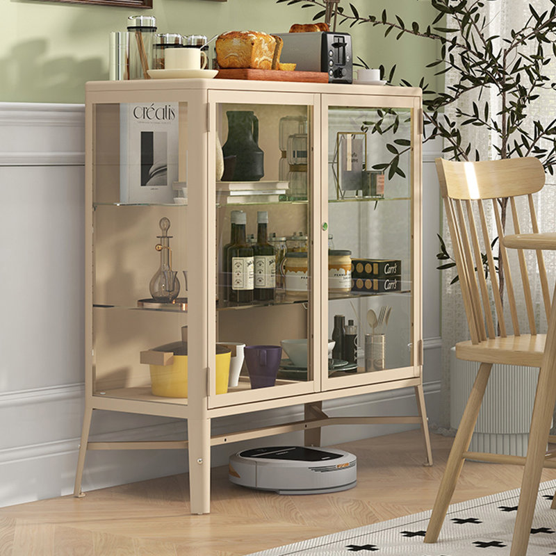 Verre trempé beige + vitrines en acier