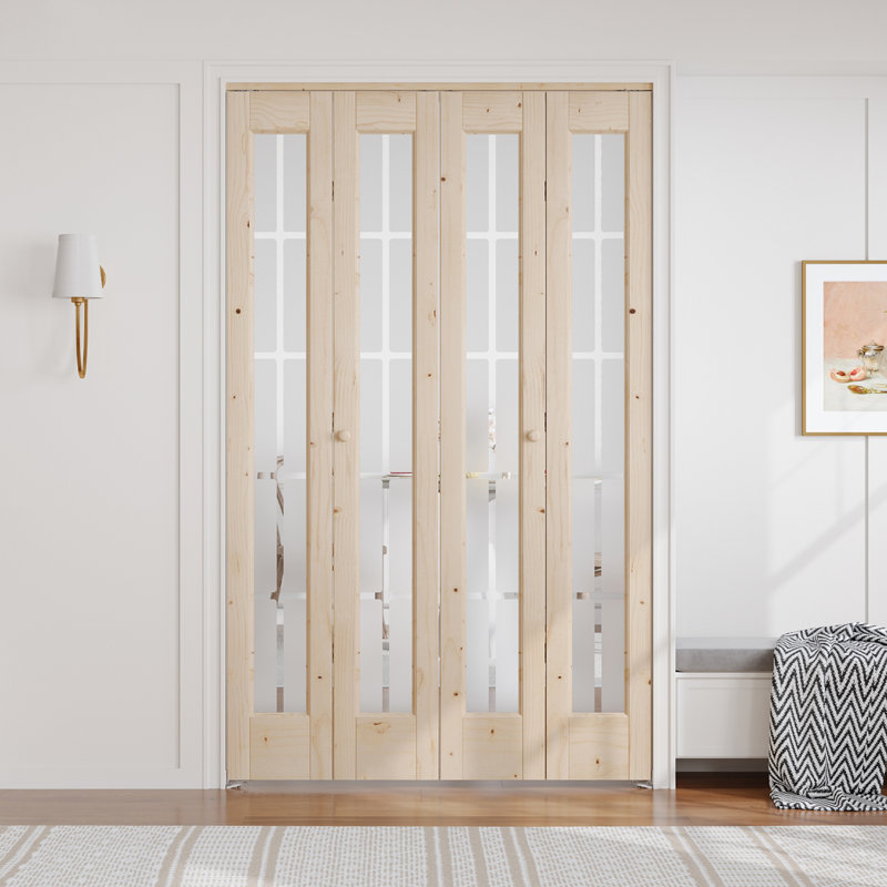 Solid Wood Glass Unfinished Bi-Fold Door With Installation Hardware Kit, 48" x 80"