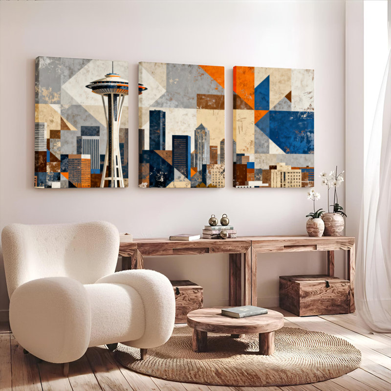 Tableau abstrait géométrique représentant la silhouette de Seattle sur toile (ensemble de 3), H 18 po x l 36 po