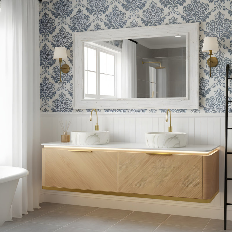 Meuble-lavabo mural 60 po avec tiroirs et vasques rondes blanches, 60"