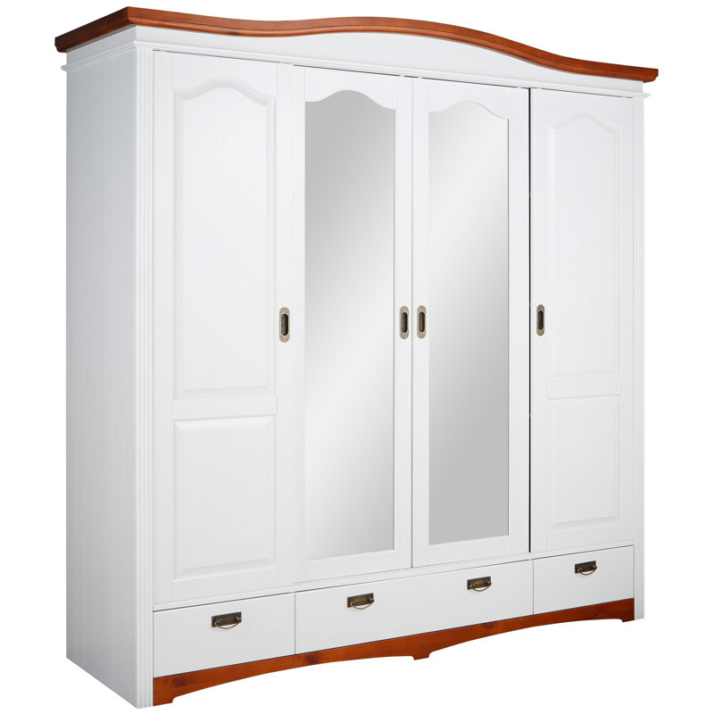 Doerun 4 Door Solid Wood Wardrobe, White/Cherry